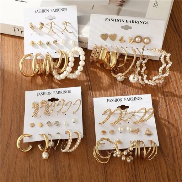 36 Pairs Gold Earrings Set for Women, Fashion Pearl Chain Link Stud - Picture 6 of 7